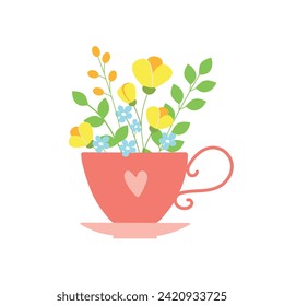 Bouquets de flores primaverales en una taza. Plantilla de tarjeta de saludo de ánimo de primavera.  Conceptos de primavera.