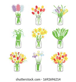 Bouquets of spring flowers in a glass jar set. Daffodils, lily of the valley, tulips, hyacinths, crocuses, snowdrops colorful flowers in monochrome ink vase object isolated art design element for web,