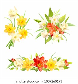 Bouquets with spring flowers isolated on white. Vector set. 