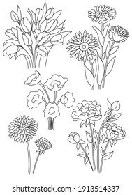 Bouquets of spring flowers isolated on white background. Line art. Set of vector drawings.