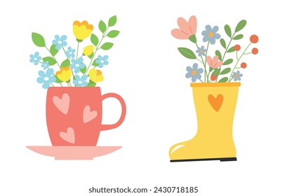Bouquets of  spring flowers in the tea cups and in the rubber boot. springtime concept.
