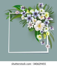 Bouquets of spring forest flowers for design of postcards, flyers, business cards, primroses, anemones,congratulation, a declaration of love.Vector.