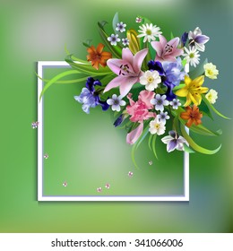 Bouquets of spring forest flowers for design of postcards, flyers, business cards, crocuses, primroses, anemones.Lilu.Vector