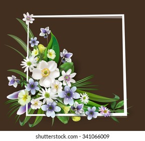 Bouquets of spring forest flowers for design of postcards, flyers, business cards, crocuses, primroses, anemones.Vector