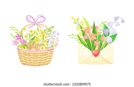 Bouquets von Sommer- oder Frühlingsblumen in Korbweidenkörben und Umschlagskombination, Vektorgrafik