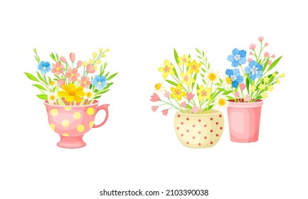 Bouquets of summer or spring wildflowers in flower pots and teacup set vector illustration