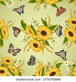 Bouquets with sunflowers and butterflies.Vector pattern with butterflies, sunflowers and ears of wheat on a colored background.