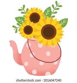 The of bouquets of sunflowers in the teapot set. Graphic resource about flower with the teapot set for graphic, content, banner, sticker label and greeting card