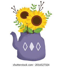 The of bouquets of sunflowers in the teapot set. Graphic resource about flower with the teapot set for graphic, content, banner, sticker label and greeting card