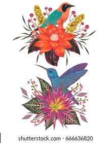 Bouquets with tropical birds, flowers,berries and leaves. Exotic flora and fauna. Vintage hand drawn vector illustration in watercolor style