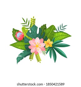 Bouquets of tropical flowers and leaves on an isolated background. Hibiscus, banana, palm, leaves. Vector illustration.