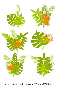 Bouquets of tropical leaves isolated on white - bunch of tropic plants for summer natural design