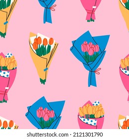 Bouquets of Tulips. Bouquet of spring fresh flowers wrapped in gift paper. Beautiful lush tulips. Holiday floral decor. Hand drawn Vector seamless Pattern. Background, wallpaper. Square illustration
