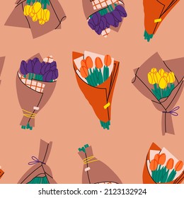 Bouquets of Tulips. Bouquet of spring fresh flowers wrapped in craft paper. Beautiful lush tulips. Holiday floral decor. Hand drawn Vector seamless Pattern. Background, wallpaper. Square illustration