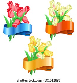 Bouquets of tulips with festive ribbon / There are three bouquets of tulips in different colors