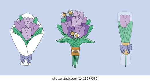 Bouquets de tulipanes de ilustraciones vectoriales planas. Conjunto de un bonito y sencillo ramo de flores. Regalo para el día de la madre, el día de San Valentín, el día de la mujer.