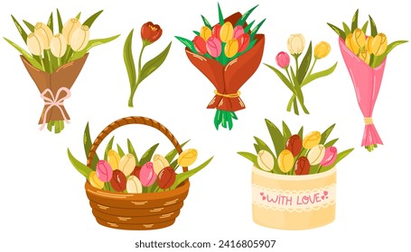 Bocetos de tulipanes. Varias flores en papel de envolver. Plantillas de diseño floral para el Día de la Mujer y la Madre. Ilustración vectorial plana