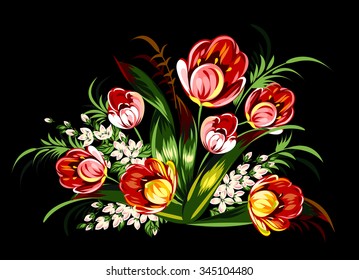 Bouquets of tulips and wildflowers