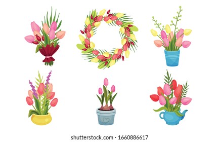 Bouquets of Tulips Wrapped in Pack Paper and Flowerpot Vector Set
