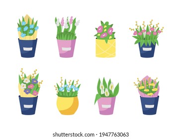 Bouquets in vases flat color vector object set. Flower shop, romantic gift for delivery. Floral arrangements isolated cartoon illustration for web graphic design and animation collection