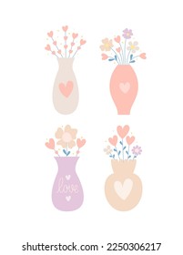 Bouquets in vases. Flat Vase of flowers and hearts collection. Cute design elements for Valentine Day or Birthday.