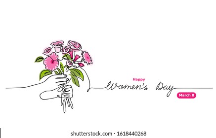 Bouquet's vector sketch. Happy Women's day lettering.  March 8 greeting for web design, background, card. One continuous line drawing of  flower bouquet.
