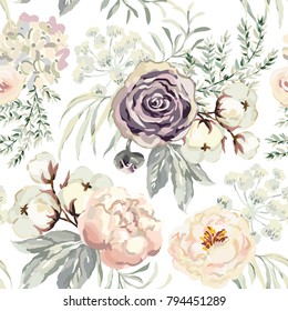 Bouquets with violet roses and pink peonies with gray leaves on the white background. Watercolor vector seamless pattern. Romantic garden flowers. Elegant illustration.