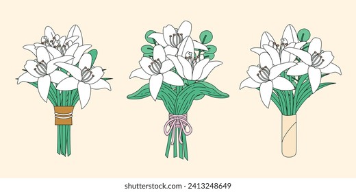 Bouquets of white lilies flat vector illustration bundle. Set of beautiful simple flower bouquet. Gift for anniversary, valentine's day.