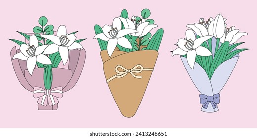 Bouquets of white lilies flat vector illustration bundle. Set of beautiful simple flower bouquet. Gift for anniversary, valentine's day.