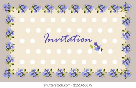 Bouquets of wild blue flowers and leaves in a rustic style polka dot invitation card frame