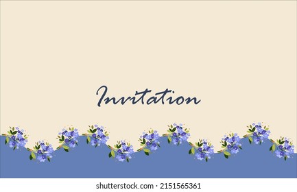 Bouquets of wild blue flowers and leaves in a rustic style invitation card 