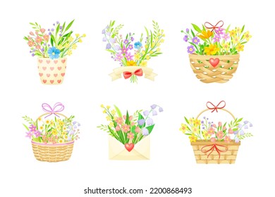 Bouquets of wildflowers set. Spring and summer flowers in wicker basket, flowerpot and envelope cartoon vector illustration