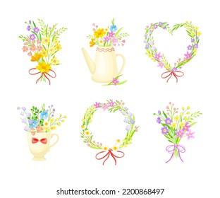 Bouquets of wildflowers set. Spring and summer flowers in teapot, wreath of blooming plants cartoon vector illustration