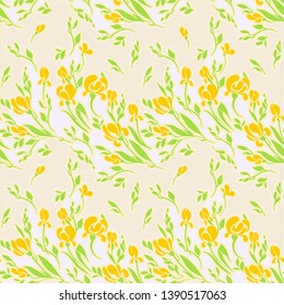 Bouquets of yellow tulips with small herbs on a light background. Seamless pattern with rows of flowers 
and small dots in the background. Ornament for pastel linen or wallpaper.