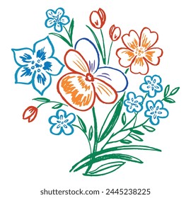 Bouquet,spring flowers,contour drawings, floral design element,violets, daisy,tulip, leaves, petals, bunch,posy, orange,blue, greeting,card,vector textured hand drawn illustration isolated on white