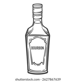 Bourbon bottle with classic label in doodle outline style. Hand drawn alcohol drink element. Vector illustration for bar packaging, menu, or branding design.