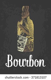 Bourbon Bottle With Glass, Ice Cubes, Barrel, Corn, Cigar. Engraving Vintage Vector White And Yellow Illustration. Isolated On Black Background. Hand Drawn Design Element For Label And Poster