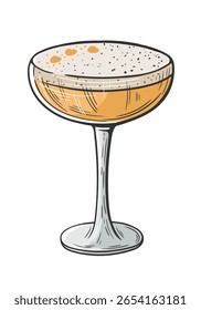 Bourbon sour cocktail hand drawn isolated on white background. Vintage sketch of alcoholic drink glass. Colorful party cocktail. Vector illustration