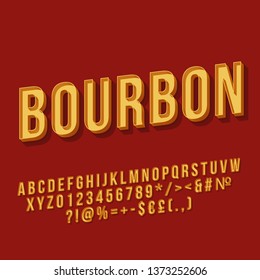 Bourbon Vintage 3d Vector Lettering. Retro Bold Font. Pop Art Stylized Text. Old School Style Letters, Numbers, Symbols Pack. 90s, 80s Poster, Banner Typography Design. Dark Red Color Background