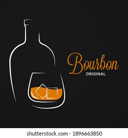 Bourbon Or Whiskey Logo. Brandy Bottle And Glass On Black Background