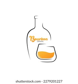 Bourbon or whiskey logo. Brandy bottle and glass