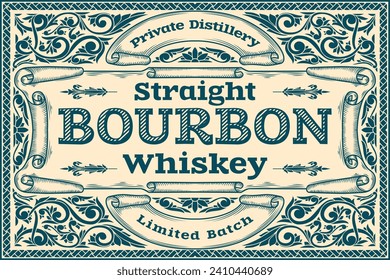 Bourbon Whiskey - ornate vintage monochrome decorative label