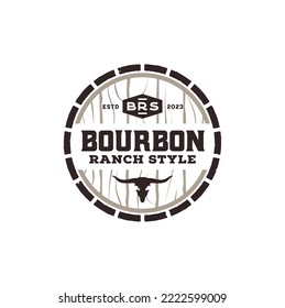 Bourbon Wooden Barrel Keg con Bull Buffalo Longhorn Skull para el diseño del logo clásico americano de la cerveza