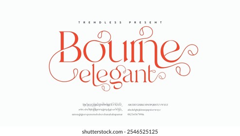 Bourne Elegant: A refined serif typeface with sleek alphabet letters (A-Z) and numbers. Ideal for minimalistic and high-fashion projects, adding a touch of classic elegance.