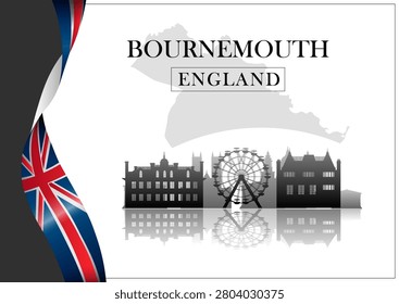 Bournemouth skyline with landmarks in grayscale on backdrop for travel concept. Vector illustration