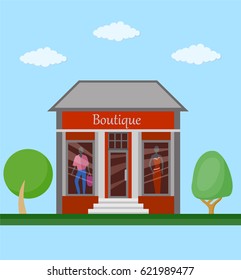 Boutiqie front view flat icon. Colorful clothing store building front view on nature background, vector illustration