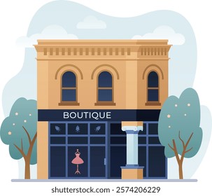 Boutique building flat, color illustration. Isolated shop entrance. Clothing store graphic, on white background. Local business facade. Old vintage architecture of downtown.