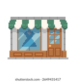 Ícone vetor de arte de pixel de construção Boutique. Desenho animado pixelated fashion shop, mercado. Salão elegante com vestido no manequim na vitrine da loja. Elemento de design de serviço de varejo para jogos de vídeo retrô de 8 bits