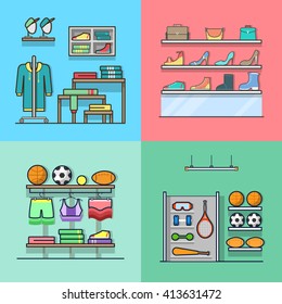 Boutique Clothes Clothing Accessory Shoes Sports Inventory Tool Shop Store Interior Indoor Set. Linear Stroke Outline Flat Style Vector Icons. Color Icon Collection.