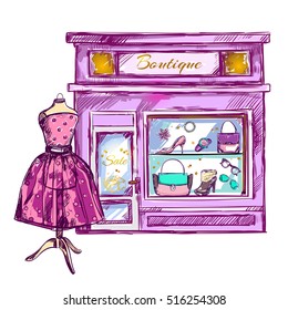 Boutique composition with hand drawn style clothes and female accessories store facade tailors dummy clothes tree vector illustration